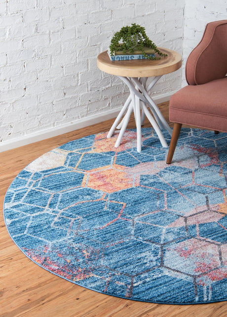 Blue 3' 3 x 3' 3 Rainbow Round Area Rug Colorful Modern Unique Carpet for Living Rooms, Dining, Bedrooms, Office, Dorms for Sale at Rug Engine