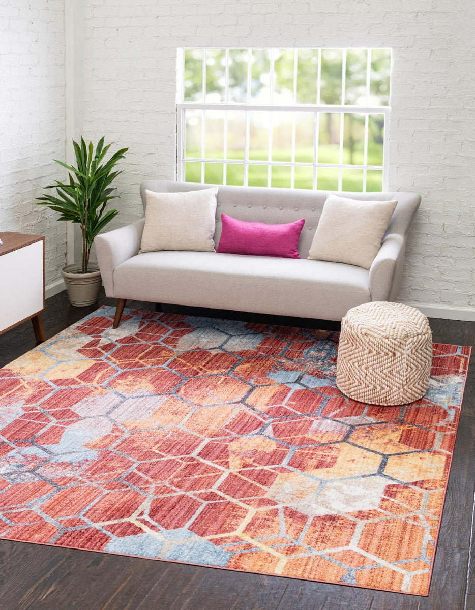 Red 8' x 8' Rainbow Square Area Rug Colorful Modern Unique Carpet for ...