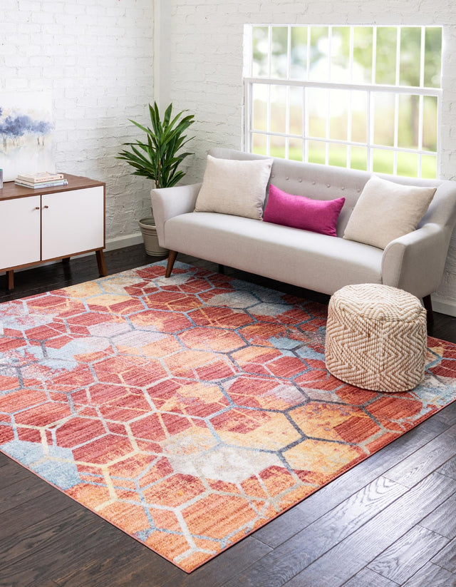 Red 8' x 8' Rainbow Square Area Rug Colorful Modern Unique Carpet for Living Rooms, Dining, Bedrooms, Office, Dorms for Sale at Rug Engine