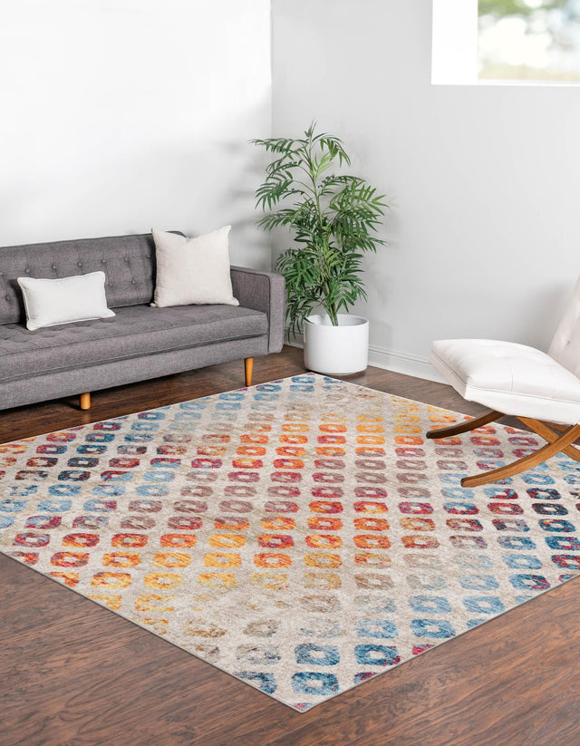 Multicolor 8' x 8' Rainbow Square Area Rug Colorful Modern Unique Carpet for Living Rooms, Dining, Bedrooms, Office, Dorms for Sale at Rug Engine