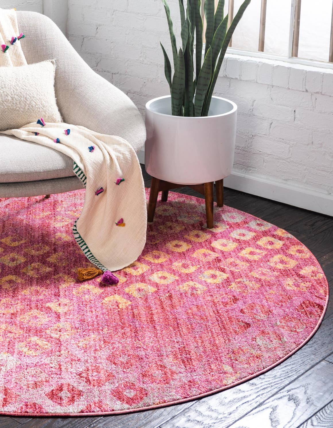 Pink 6' 1 x 6' 1 Rainbow Round Area Rug Colorful Modern Unique Carpet for Living Rooms, Dining, Bedrooms, Office, Dorms for Sale at Rug Engine