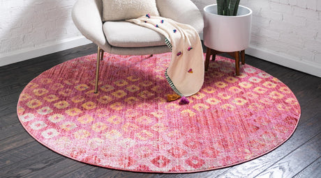 Pink 6' 1 x 6' 1 Rainbow Round Area Rug Colorful Modern Unique Carpet for Living Rooms, Dining, Bedrooms, Office, Dorms for Sale at Rug Engine