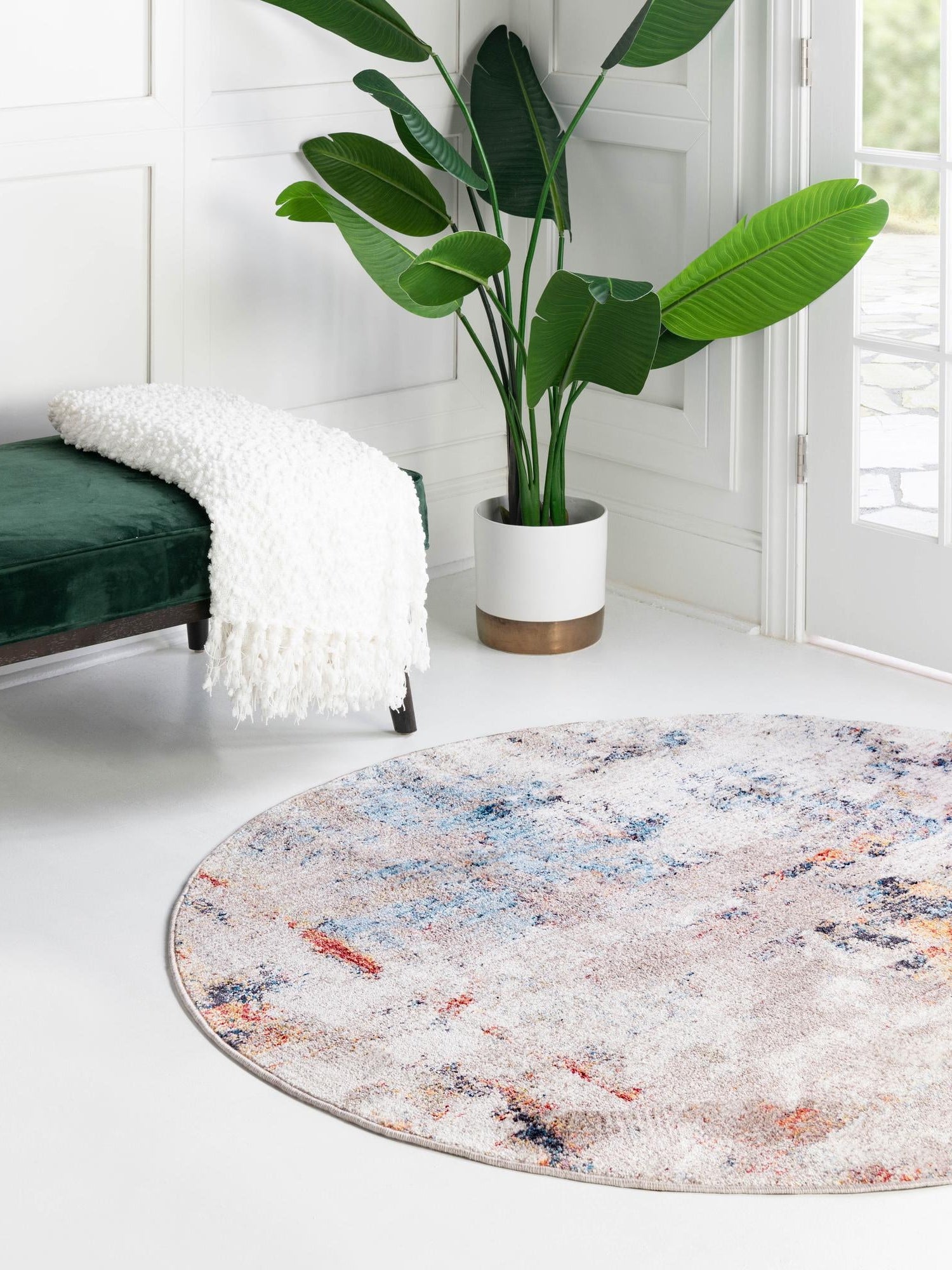 Multicolor 5' x 5' Rainbow Round Area Rug Colorful Modern Unique Carpet for Living Rooms, Dining, Bedrooms, Office, Dorms for Sale at Rug Engine
