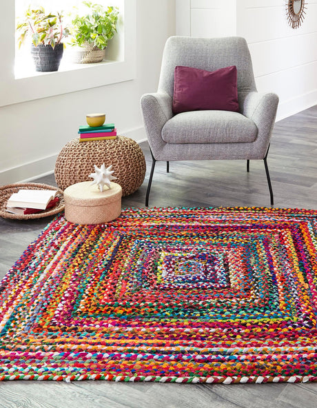 Multicolor 10' x 10' Braided Chindi Square Area Rug 100% Cotton Hand Braided Natural Eco-Friendly Boho Style Modern Carpet for Living Rooms Dining Office Dorm for Sale at Rug Engine
