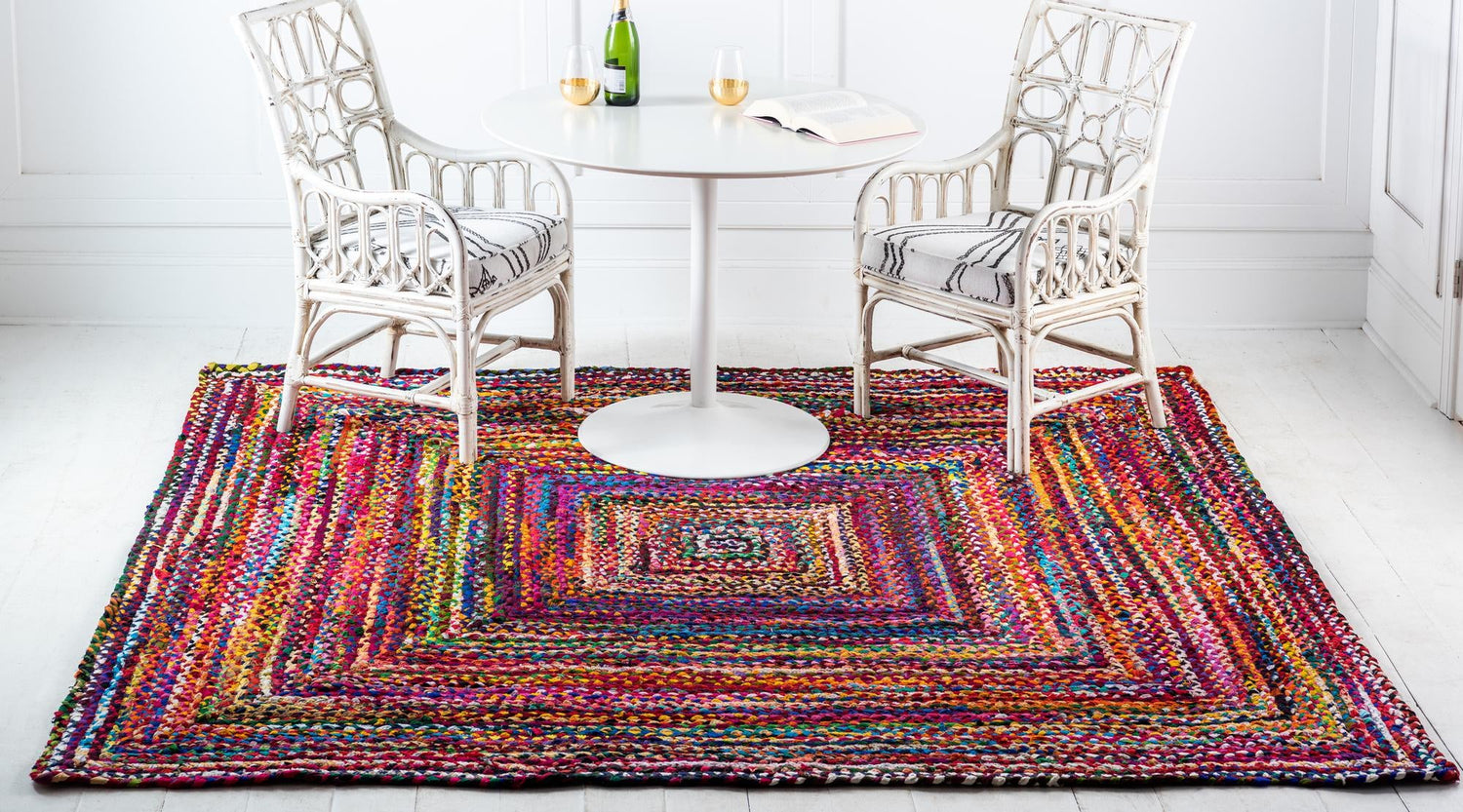 Multicolor 5' 1 x 5' 1 Braided Chindi Square Area Rug 100% Cotton Hand Braided Natural Eco-Friendly Boho Style Modern Carpet for Living Rooms Dining Office Dorm for Sale at Rug Engine