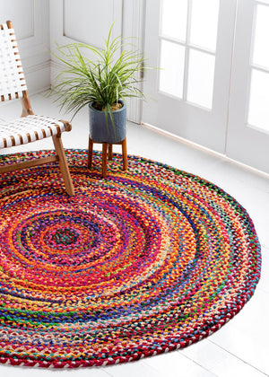 Multicolor 6' 1 x 6' 1 Braided Chindi Round Area Rug 100% Cotton Hand Braided Natural Eco-Friendly Boho Style Modern Carpet for Living Rooms Dining Office Dorm for Sale at Rug Engine