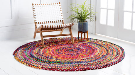 Multicolor 7' 1 x 7' 1 Braided Chindi Round Area Rug 100% Cotton Hand Braided Natural Eco-Friendly Boho Style Modern Carpet for Living Rooms Dining Office Dorm for Sale at Rug Engine