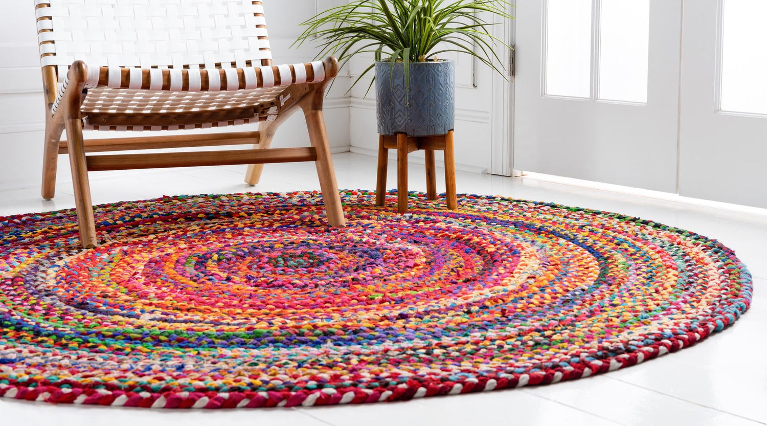 Multicolor 3' 3 x 3' 3 Braided Chindi Round Area Rug 100% Cotton Hand Braided Natural Eco-Friendly Boho Style Modern Carpet for Living Rooms Dining Office Dorm for Sale at Rug Engine