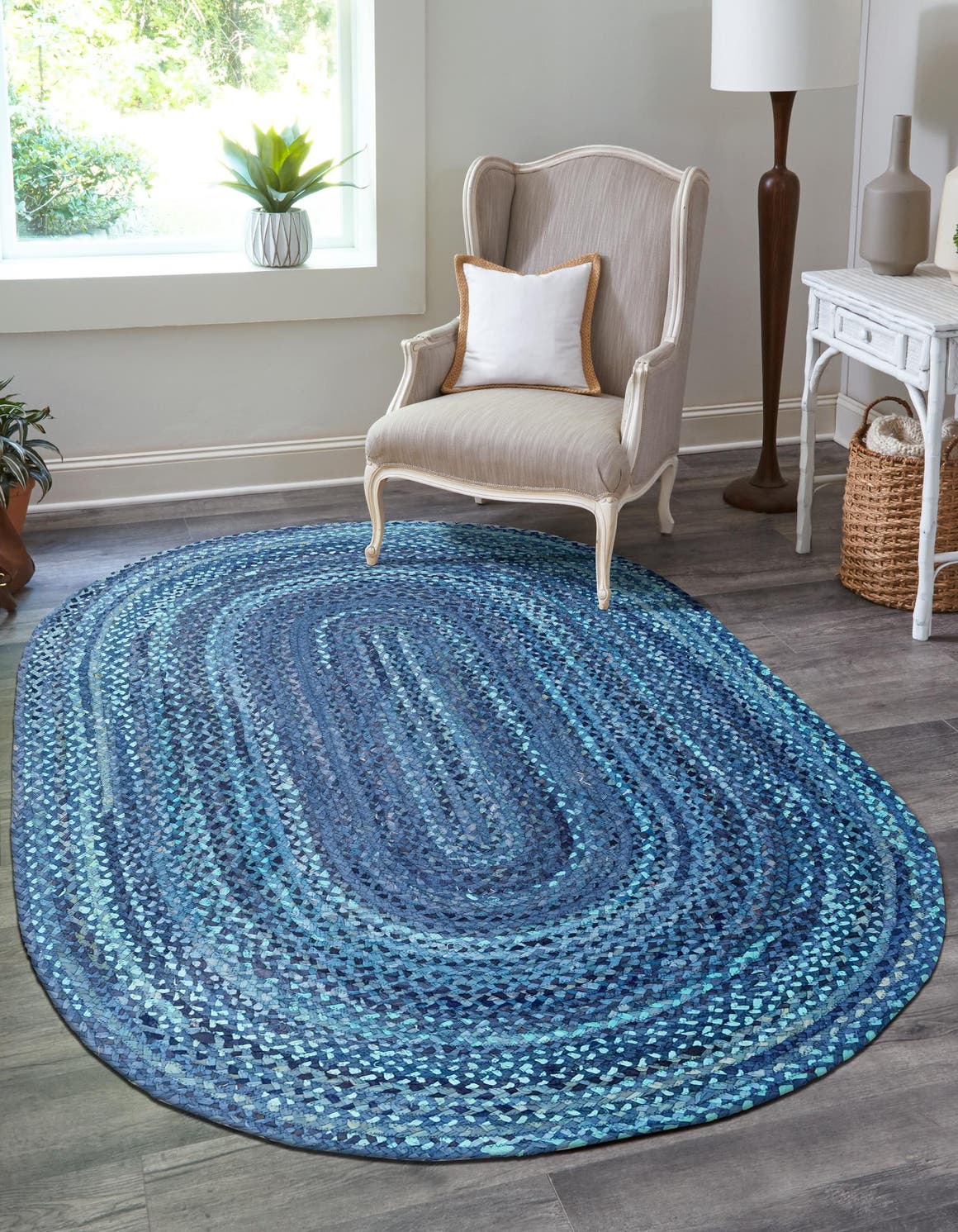 Blue 3' 3 x 5' 1 Braided Chindi Oval Area Rug 100% Cotton Hand Braided Natural Eco-Friendly Boho Style Modern Carpet for Living Rooms Dining Office Dorm for Sale at Rug Engine