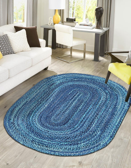 Blue 5' 1 x 8' Braided Chindi Oval Area Rug 100% Cotton Hand Braided Natural Eco-Friendly Boho Style Modern Carpet for Living Rooms Dining Office Dorm for Sale at Rug Engine