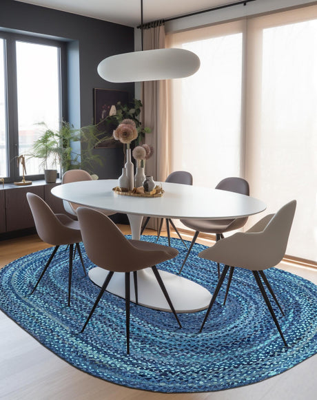 Blue 8' x 10' Braided Chindi Oval Area Rug 100% Cotton Hand Braided Natural Eco-Friendly Boho Style Modern Carpet for Living Rooms Dining Office Dorm for Sale at Rug Engine