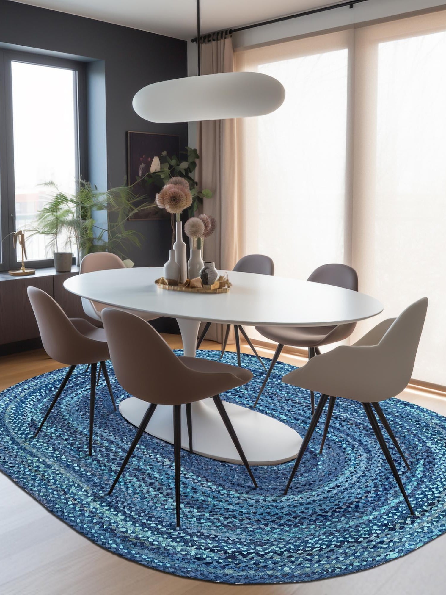 Blue 5' 1 x 8' Braided Chindi Oval Area Rug 100% Cotton Hand Braided Natural Eco-Friendly Boho Style Modern Carpet for Living Rooms Dining Office Dorm for Sale at Rug Engine