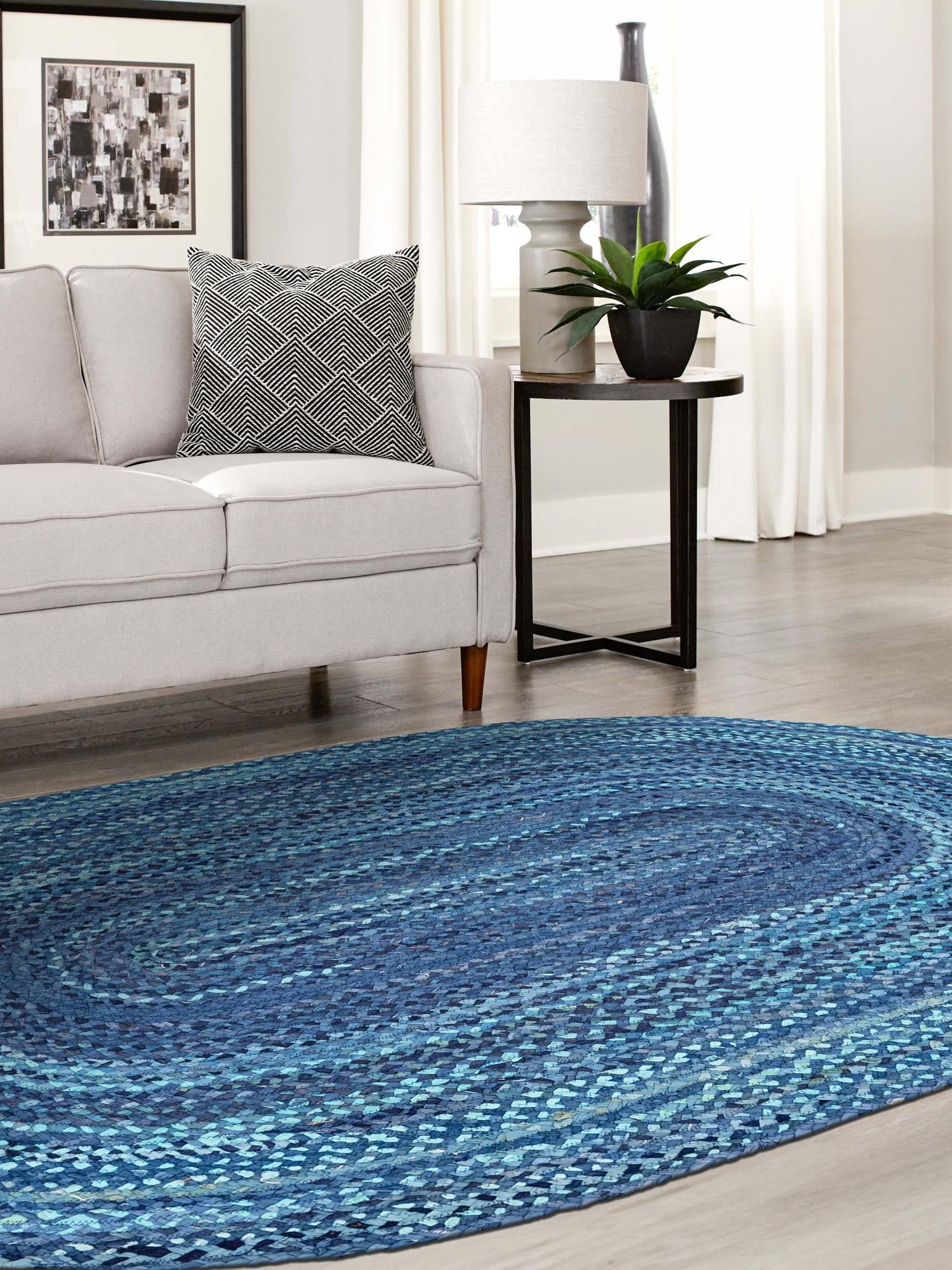 Blue 8' x 10' Braided Chindi Oval Area Rug 100% Cotton Hand Braided Natural Eco-Friendly Boho Style Modern Carpet for Living Rooms Dining Office Dorm for Sale at Rug Engine