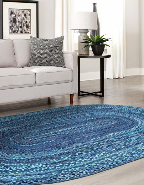 Blue 8' x 10' Braided Chindi Oval Area Rug 100% Cotton Hand Braided Natural Eco-Friendly Boho Style Modern Carpet for Living Rooms Dining Office Dorm for Sale at Rug Engine
