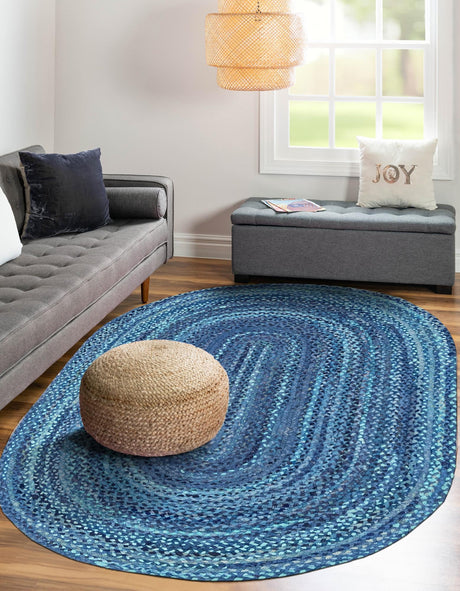 Blue 3' 3 x 5' 1 Braided Chindi Oval Area Rug 100% Cotton Hand Braided Natural Eco-Friendly Boho Style Modern Carpet for Living Rooms Dining Office Dorm for Sale at Rug Engine