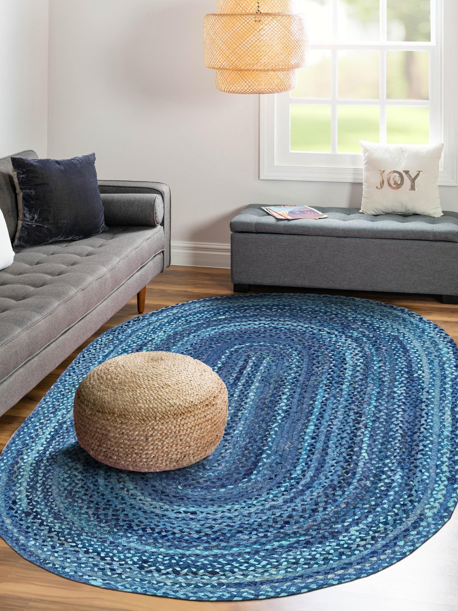 Blue 5' 1 x 8' Braided Chindi Oval Area Rug 100% Cotton Hand Braided Natural Eco-Friendly Boho Style Modern Carpet for Living Rooms Dining Office Dorm for Sale at Rug Engine