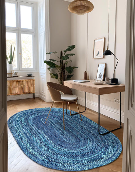 Blue 3' 3 x 5' 1 Braided Chindi Oval Area Rug 100% Cotton Hand Braided Natural Eco-Friendly Boho Style Modern Carpet for Living Rooms Dining Office Dorm for Sale at Rug Engine