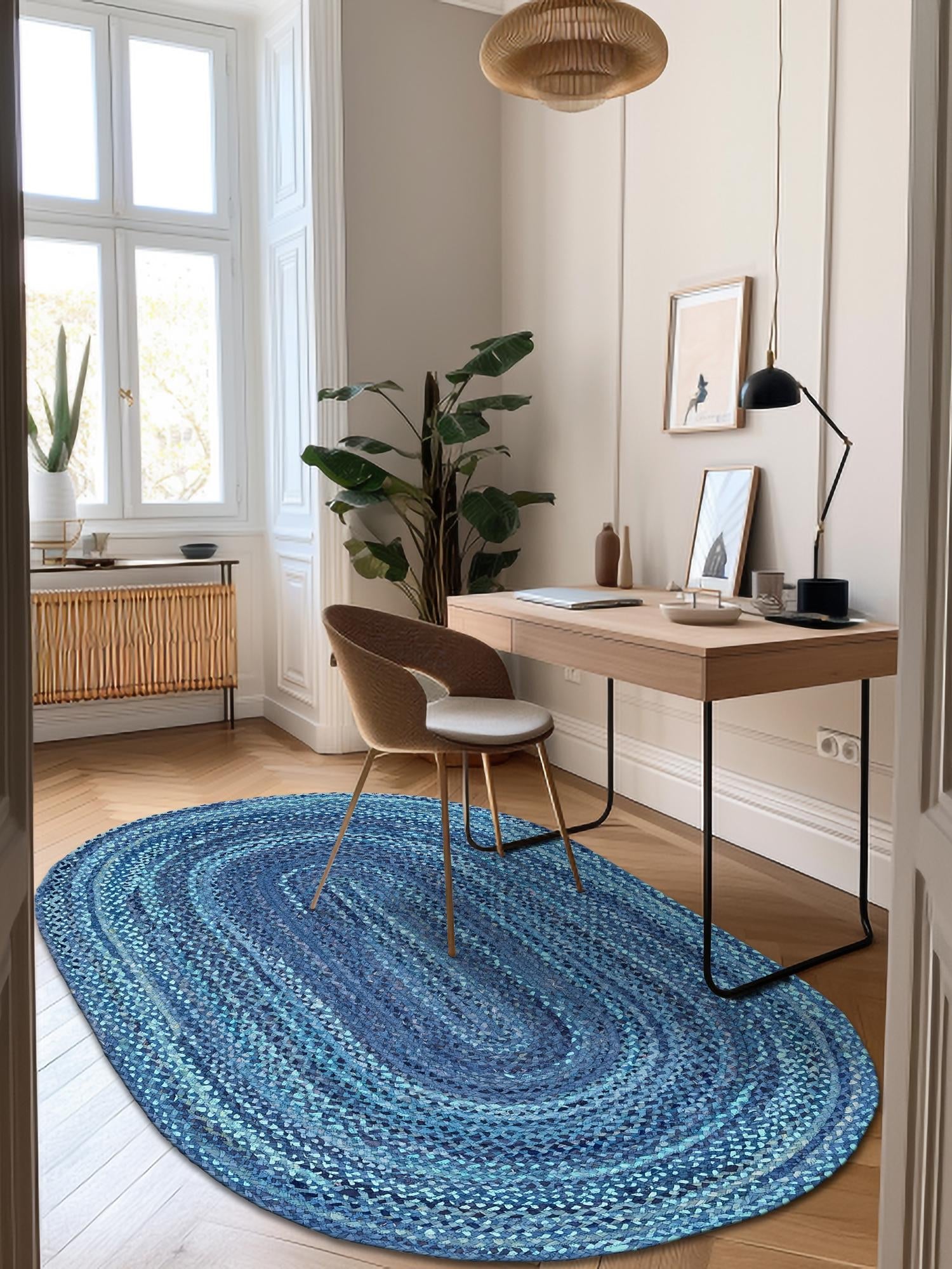 Blue 5' 1 x 8' Braided Chindi Oval Area Rug 100% Cotton Hand Braided Natural Eco-Friendly Boho Style Modern Carpet for Living Rooms Dining Office Dorm for Sale at Rug Engine