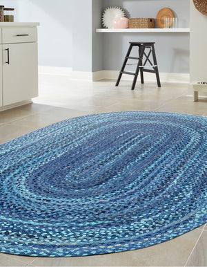 Blue 3' 3 x 5' 1 Braided Chindi Oval Area Rug 100% Cotton Hand Braided Natural Eco-Friendly Boho Style Modern Carpet for Living Rooms Dining Office Dorm for Sale at Rug Engine