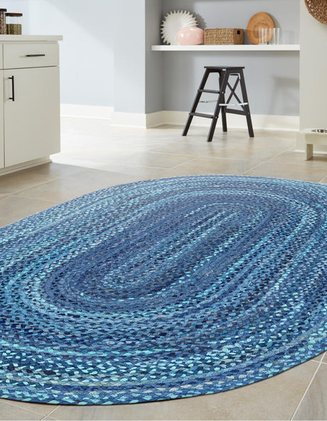 Blue 3' 3 x 5' 1 Braided Chindi Oval Area Rug 100% Cotton Hand Braided Natural Eco-Friendly Boho Style Modern Carpet for Living Rooms Dining Office Dorm for Sale at Rug Engine
