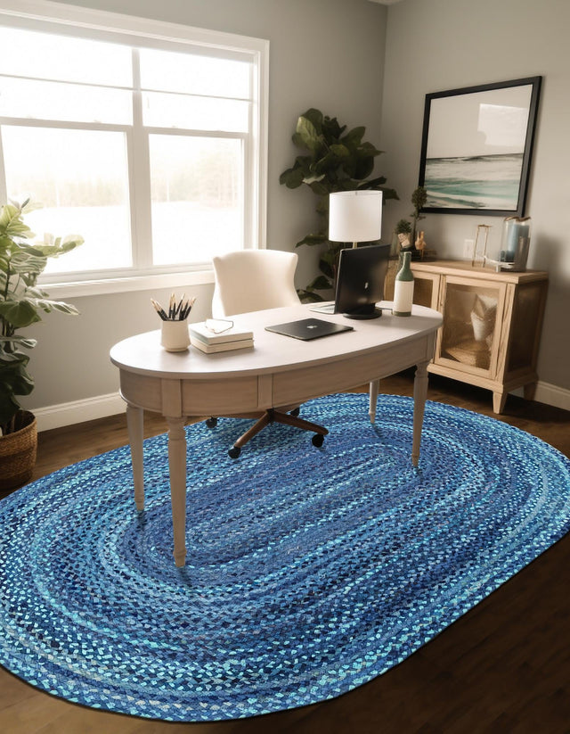Blue 3' 3 x 5' 1 Braided Chindi Oval Area Rug 100% Cotton Hand Braided Natural Eco-Friendly Boho Style Modern Carpet for Living Rooms Dining Office Dorm for Sale at Rug Engine