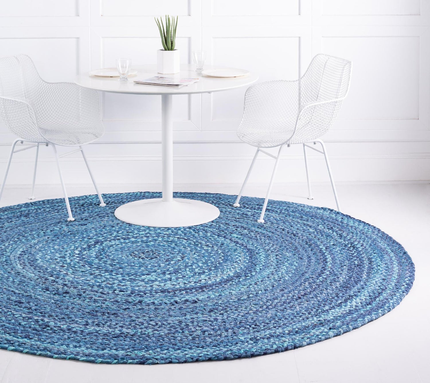 Blue 8' x 8' Braided Chindi Round Area Rug 100% Cotton Hand Braided Natural Eco-Friendly Boho Style Modern Carpet for Living Rooms Dining Office Dorm for Sale at Rug Engine