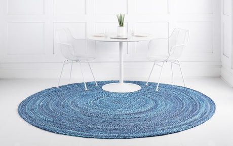 Blue 8' x 8' Braided Chindi Round Area Rug 100% Cotton Hand Braided Natural Eco-Friendly Boho Style Modern Carpet for Living Rooms Dining Office Dorm for Sale at Rug Engine