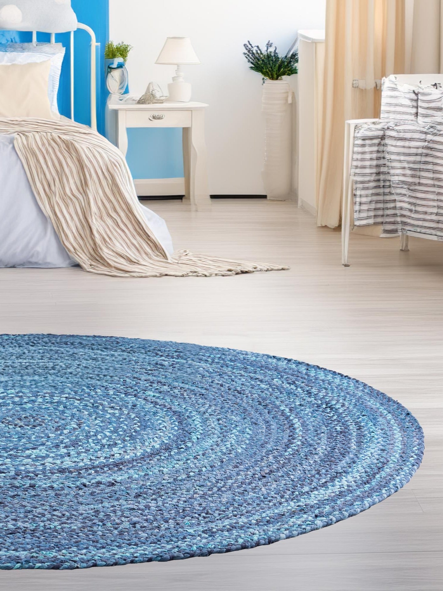 Blue 8' x 8' Braided Chindi Round Area Rug 100% Cotton Hand Braided Natural Eco-Friendly Boho Style Modern Carpet for Living Rooms Dining Office Dorm for Sale at Rug Engine