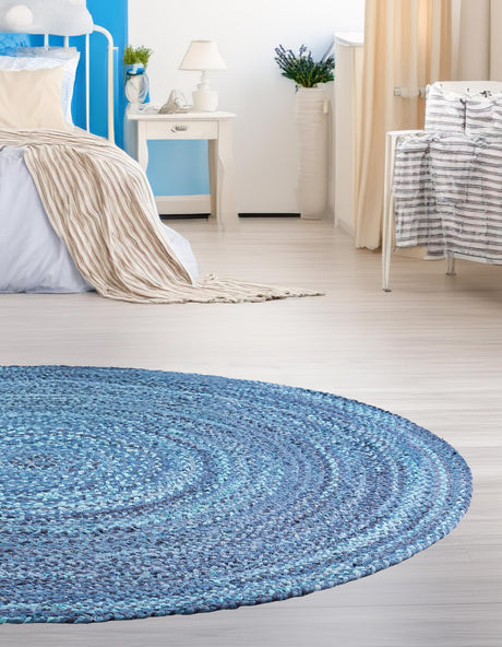 Blue 8' x 8' Braided Chindi Round Area Rug 100% Cotton Hand Braided Natural Eco-Friendly Boho Style Modern Carpet for Living Rooms Dining Office Dorm for Sale at Rug Engine