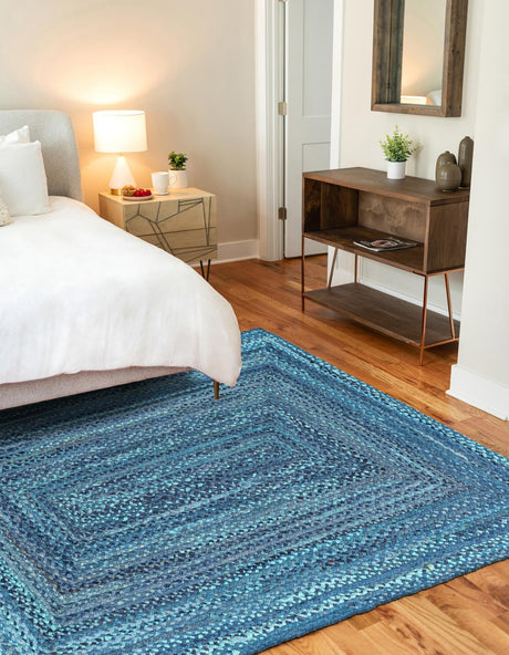 Blue 9' x 12' Braided Chindi Rectangle Area Rug 100% Cotton Hand Braided Natural Eco-Friendly Boho Style Modern Carpet for Living Rooms Dining Office Dorm for Sale at Rug Engine