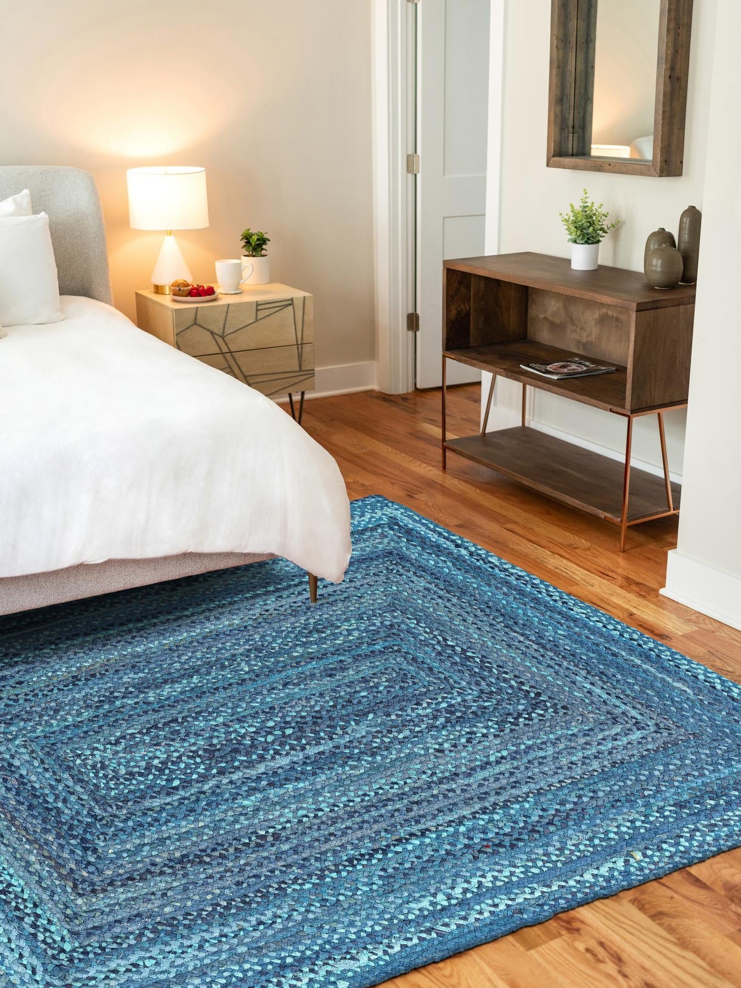 Blue 5' 1 x 8' Braided Chindi Rectangle Area Rug 100% Cotton Hand Braided Natural Eco-Friendly Boho Style Modern Carpet for Living Rooms Dining Office Dorm for Sale at Rug Engine