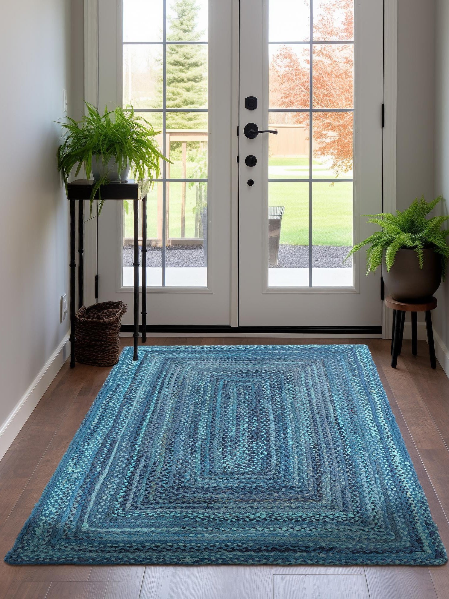 Blue 6' 1 x 9' Braided Chindi Rectangle Area Rug 100% Cotton Hand Braided Natural Eco-Friendly Boho Style Modern Carpet for Living Rooms Dining Office Dorm for Sale at Rug Engine
