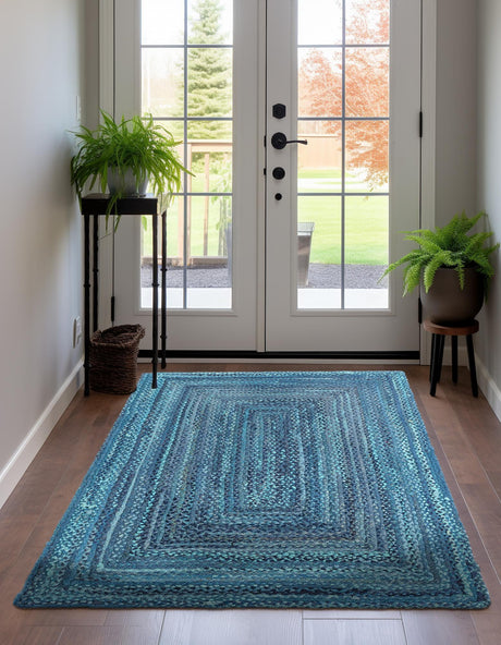 Blue 5' 1 x 8' Braided Chindi Rectangle Area Rug 100% Cotton Hand Braided Natural Eco-Friendly Boho Style Modern Carpet for Living Rooms Dining Office Dorm for Sale at Rug Engine
