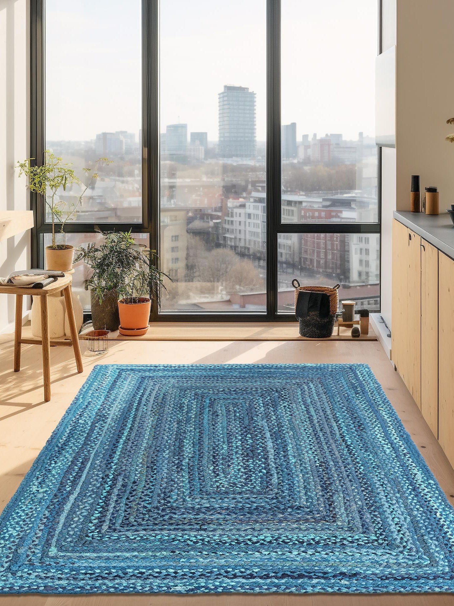 Blue 2' x 3' 1 Braided Chindi Rectangle Area Rug 100% Cotton Hand Braided Natural Eco-Friendly Boho Style Modern Carpet for Living Rooms Dining Office Dorm for Sale at Rug Engine