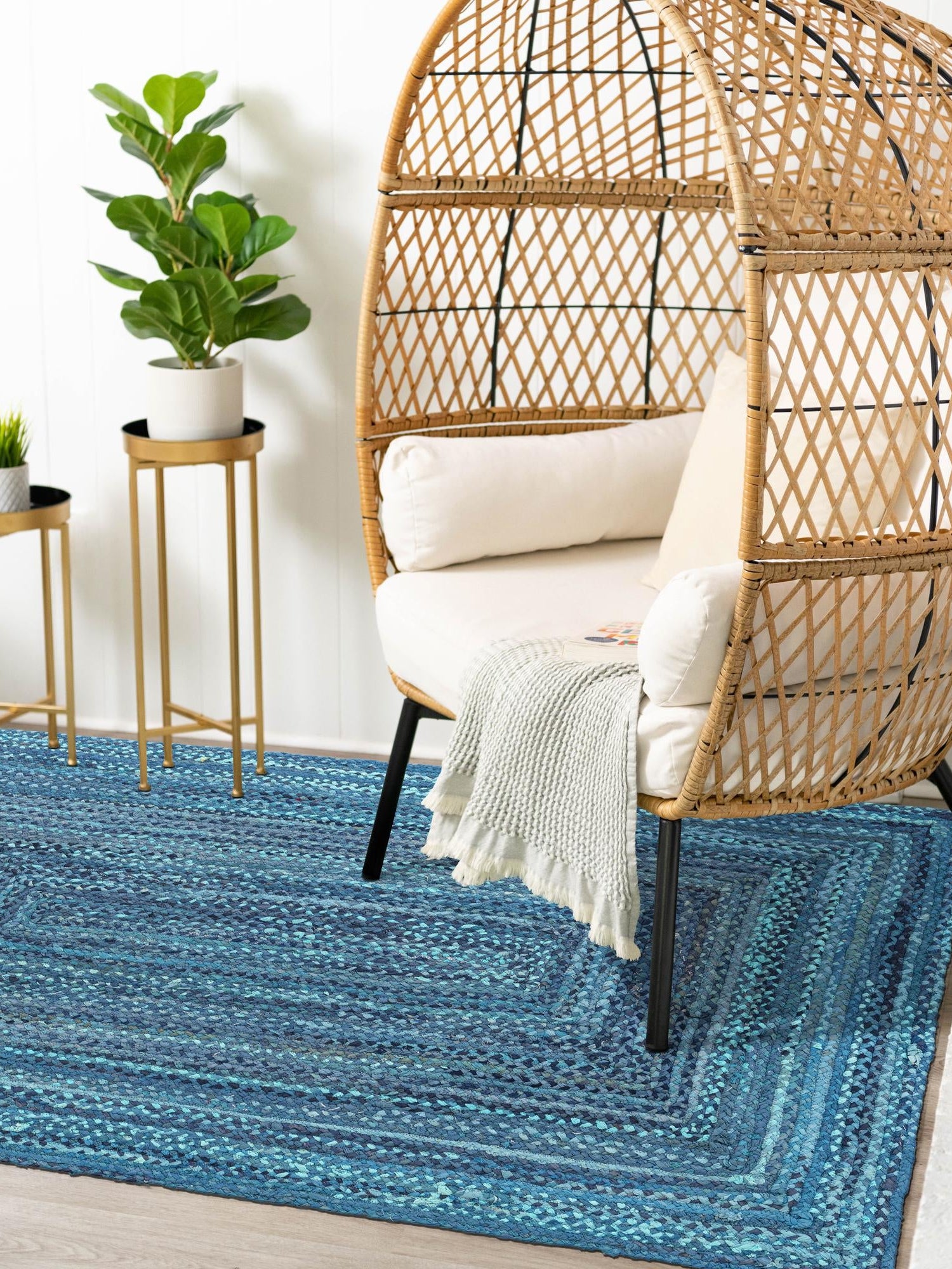 Blue 6' 1 x 9' Braided Chindi Rectangle Area Rug 100% Cotton Hand Braided Natural Eco-Friendly Boho Style Modern Carpet for Living Rooms Dining Office Dorm for Sale at Rug Engine