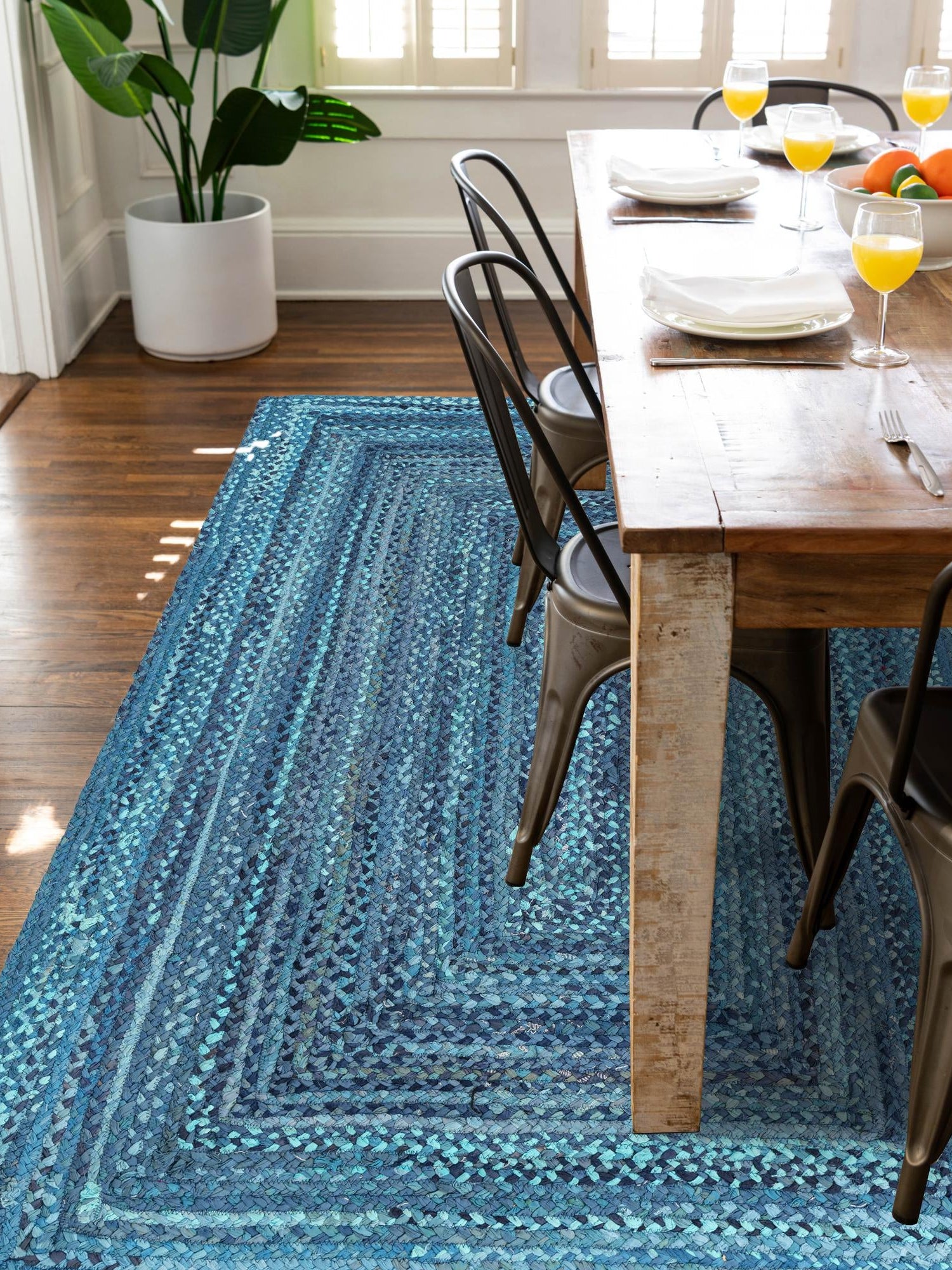 Blue 8' x 10' Braided Chindi Rectangle Area Rug 100% Cotton Hand Braided Natural Eco-Friendly Boho Style Modern Carpet for Living Rooms Dining Office Dorm for Sale at Rug Engine