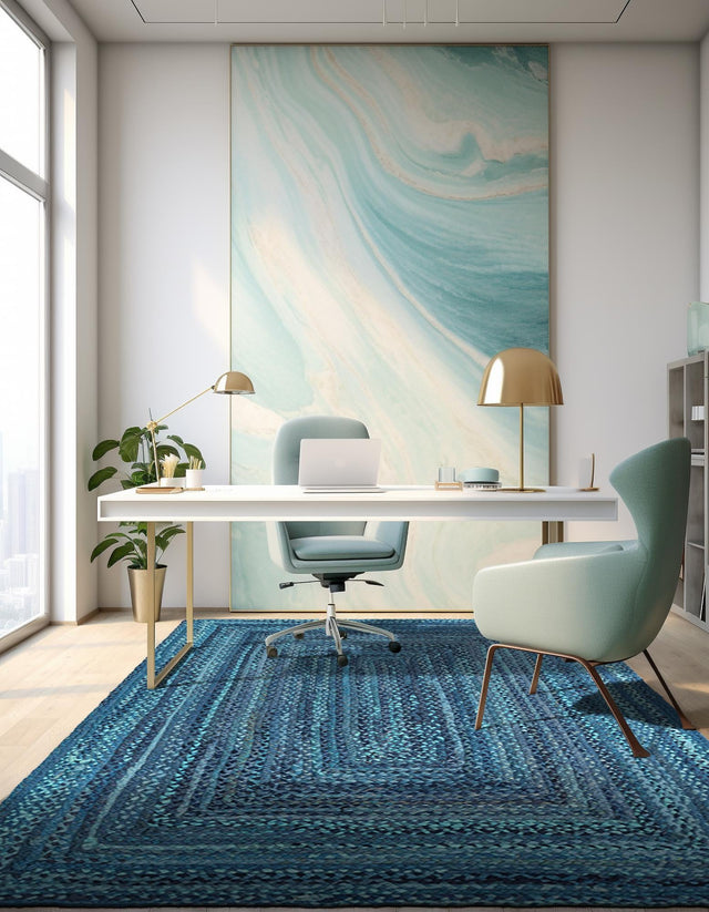 Blue 8' x 10' Braided Chindi Rectangle Area Rug 100% Cotton Hand Braided Natural Eco-Friendly Boho Style Modern Carpet for Living Rooms Dining Office Dorm for Sale at Rug Engine