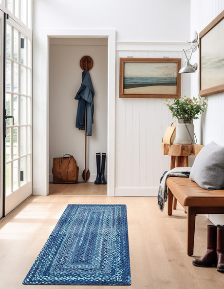 Blue 2' 6 x 6' 1 Braided Chindi Runner Area Rug 100% Cotton Hand Braided Natural Eco-Friendly Boho Style Modern Carpet for Living Rooms Dining Office Dorm for Sale at Rug Engine