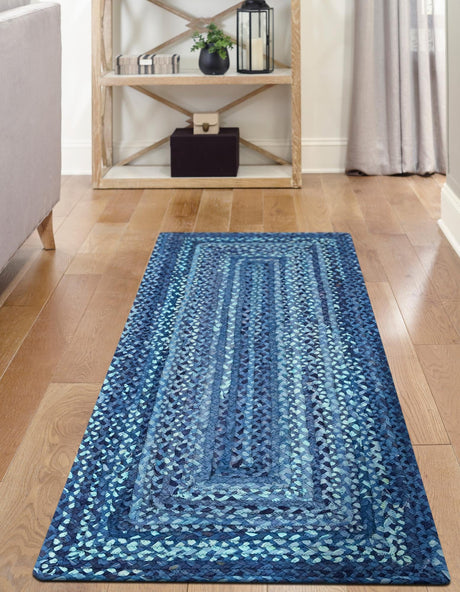 Blue 2' 6 x 6' 1 Braided Chindi Runner Area Rug 100% Cotton Hand Braided Natural Eco-Friendly Boho Style Modern Carpet for Living Rooms Dining Office Dorm for Sale at Rug Engine