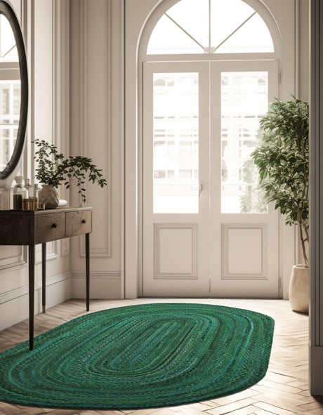 Green 8' x 10' Braided Chindi Oval Area Rug 100% Cotton Hand Braided Natural Eco-Friendly Boho Style Modern Carpet for Living Rooms Dining Office Dorm for Sale at Rug Engine