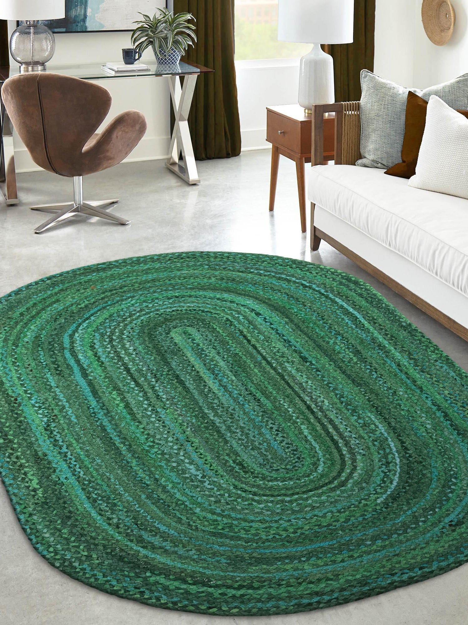 Green 5' 1 x 8' Braided Chindi Oval Area Rug 100% Cotton Hand Braided Natural Eco-Friendly Boho Style Modern Carpet for Living Rooms Dining Office Dorm for Sale at Rug Engine