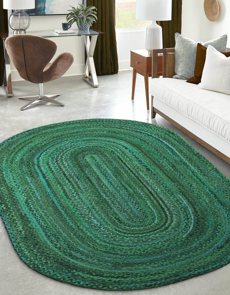 Green 5' 1 x 8' Braided Chindi Oval Area Rug 100% Cotton Hand Braided Natural Eco-Friendly Boho Style Modern Carpet for Living Rooms Dining Office Dorm for Sale at Rug Engine