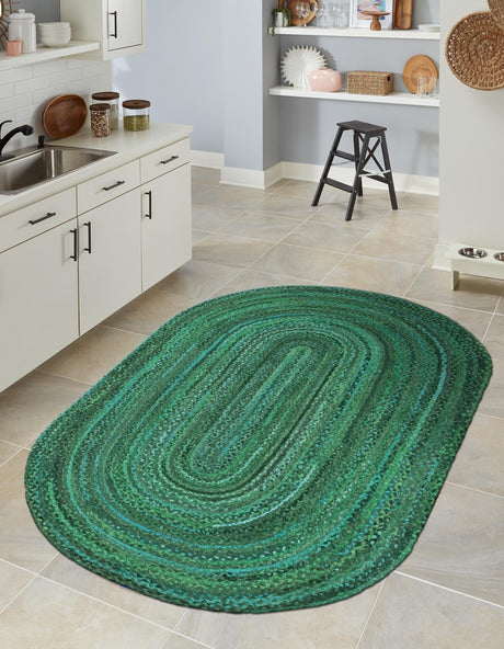 Green 8' x 10' Braided Chindi Oval Area Rug 100% Cotton Hand Braided Natural Eco-Friendly Boho Style Modern Carpet for Living Rooms Dining Office Dorm for Sale at Rug Engine