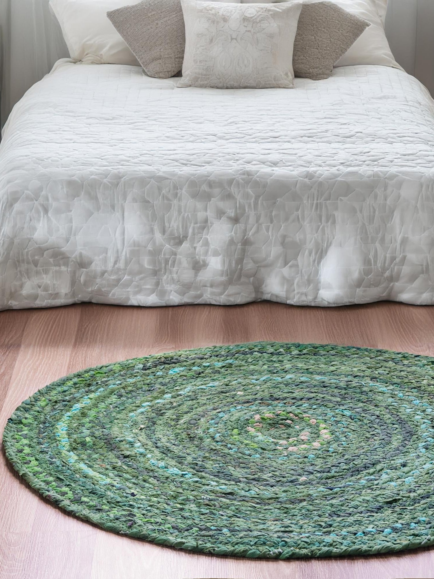 Green 8' x 8' Braided Chindi Round Area Rug 100% Cotton Hand Braided Natural Eco-Friendly Boho Style Modern Carpet for Living Rooms Dining Office Dorm for Sale at Rug Engine