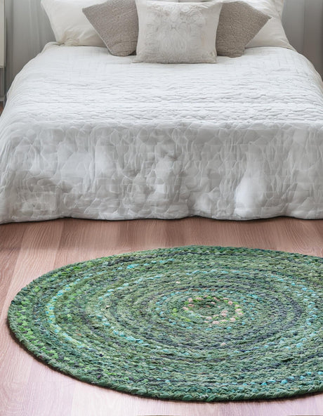 Green 8' x 8' Braided Chindi Round Area Rug 100% Cotton Hand Braided Natural Eco-Friendly Boho Style Modern Carpet for Living Rooms Dining Office Dorm for Sale at Rug Engine