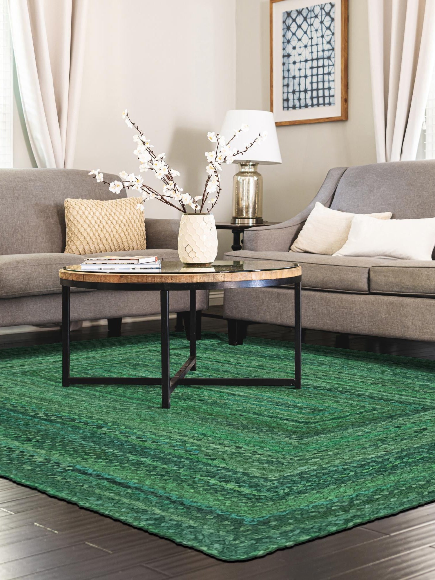 Green 9' x 12' Braided Chindi Rectangle Area Rug 100% Cotton Hand Braided Natural Eco-Friendly Boho Style Modern Carpet for Living Rooms Dining Office Dorm for Sale at Rug Engine
