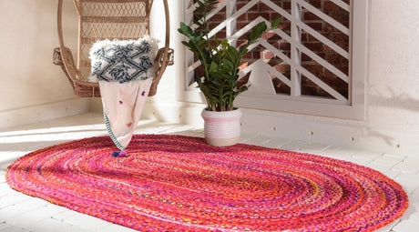 Red 8' x 10' Braided Chindi Oval Rug