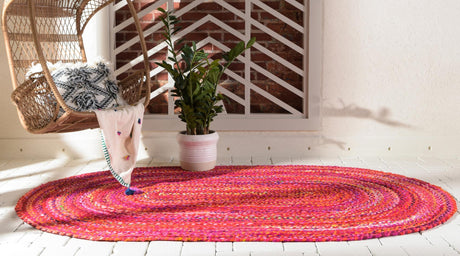 Red 8' x 10' Braided Chindi Oval Area Rug 100% Cotton Hand Braided Natural Eco-Friendly Boho Style Modern Carpet for Living Rooms Dining Office Dorm for Sale at Rug Engine