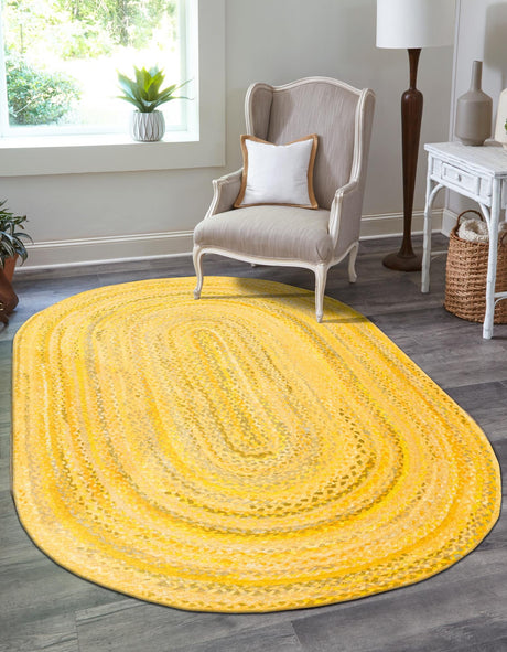 Yellow Orange 8' x 10' Braided Chindi Oval Area Rug 100% Cotton Hand Braided Natural Eco-Friendly Boho Style Modern Carpet for Living Rooms Dining Office Dorm for Sale at Rug Engine
