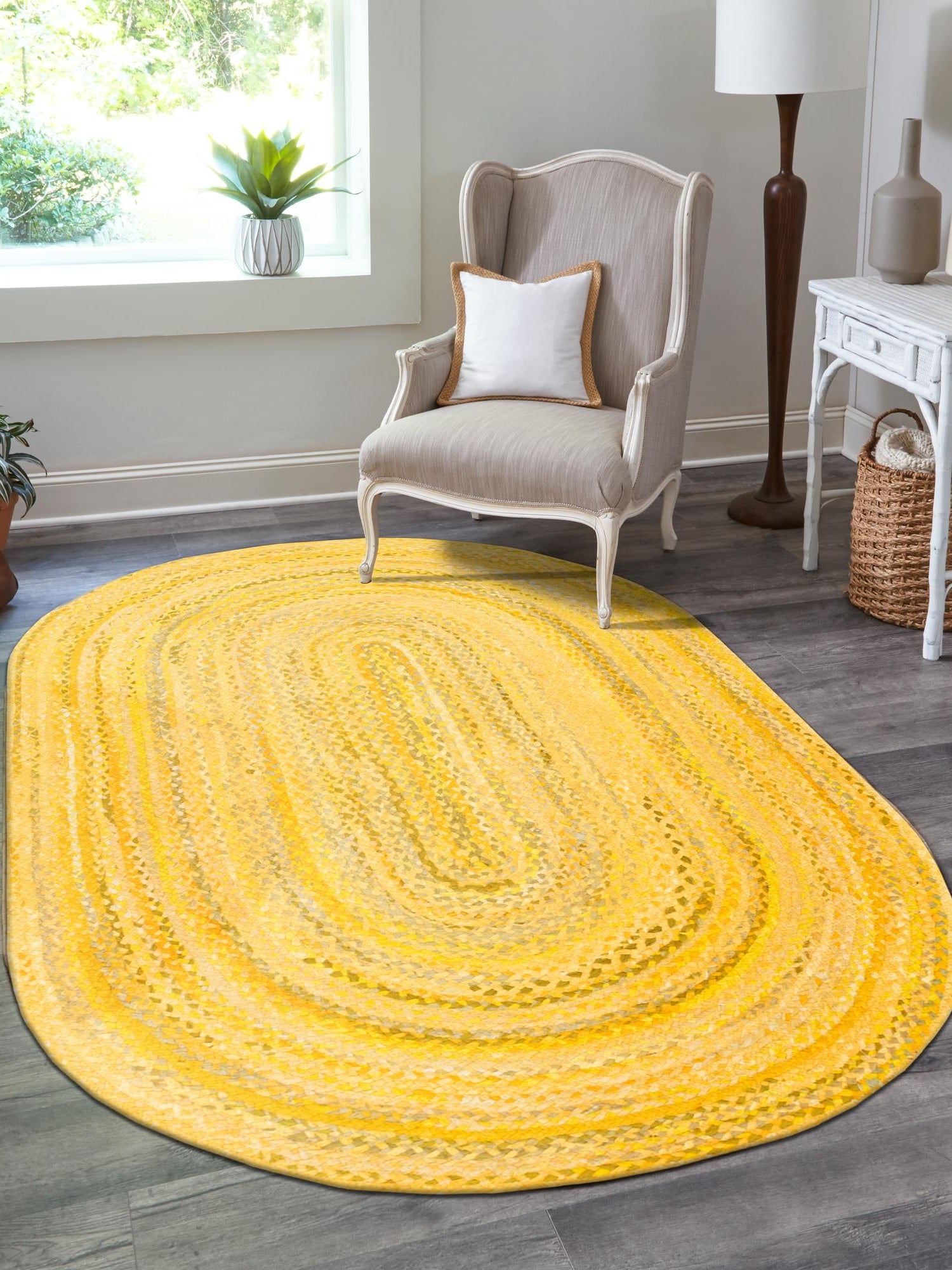 Yellow Orange 5' 1 x 8' Braided Chindi Oval Area Rug 100% Cotton Hand Braided Natural Eco-Friendly Boho Style Modern Carpet for Living Rooms Dining Office Dorm for Sale at Rug Engine